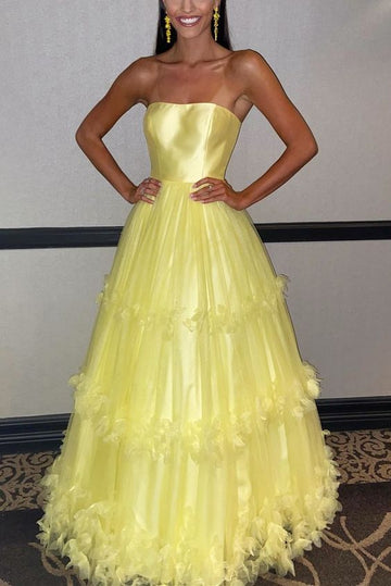 Yellow Long Formal Dress 2025 Strapless Yellow A-line prom dress HZ1023